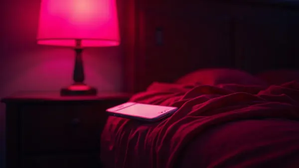 Czerwony jedwab i podświetlony smartfon na stoliku nocnym, purpurowe światło (ilustracja do artykułu)
