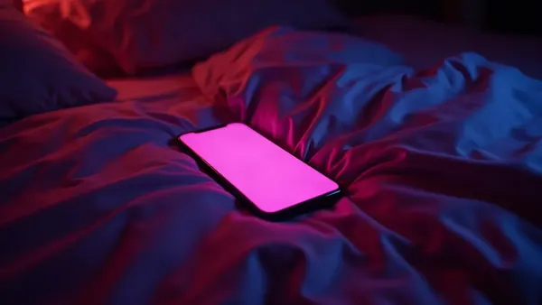 Telefon na jedwabnej pościeli w ciemnej sypialni, purpurowa poświata (ilustracja do artykułu)